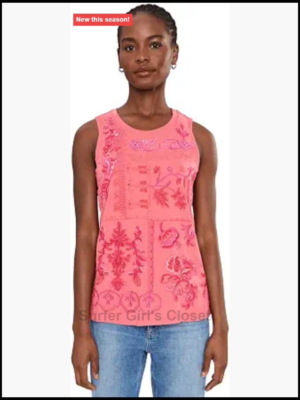 Cotton Embroidered Swing Tank Sleeveless Crew Neck Relaxed Fit